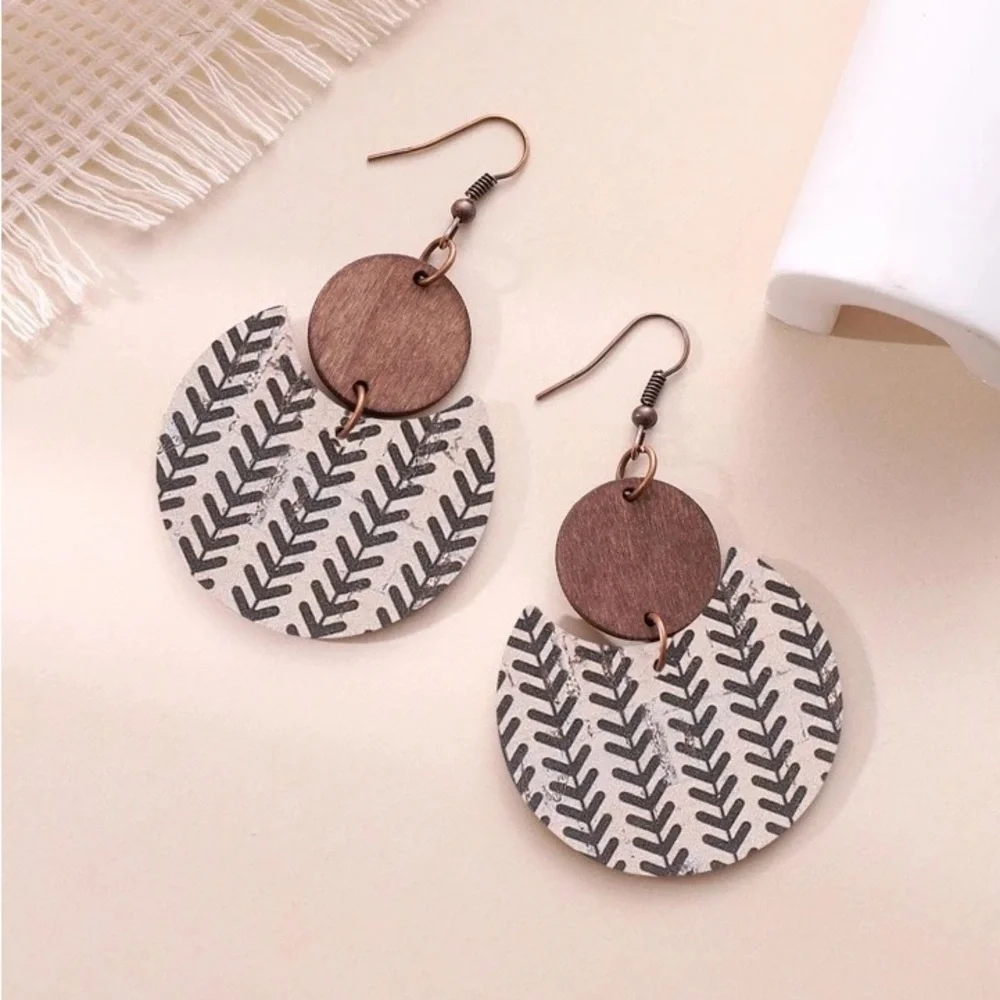 Natural Cork Leather Block With Cracking Pattern Vintage Style Earrings